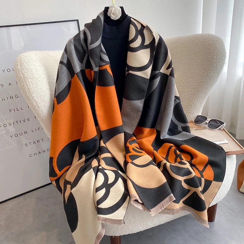 Color Matching Camellia Elegant Cashmere Scarf For Women Double-sided Thickened Autumn And Winter Warm Air Conditioning Shawl
