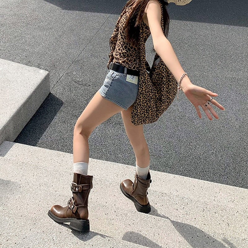Genuine Leather Short Boots For Women Big Round Toe Western Riding Boots In Black/ Brown/ Khaki