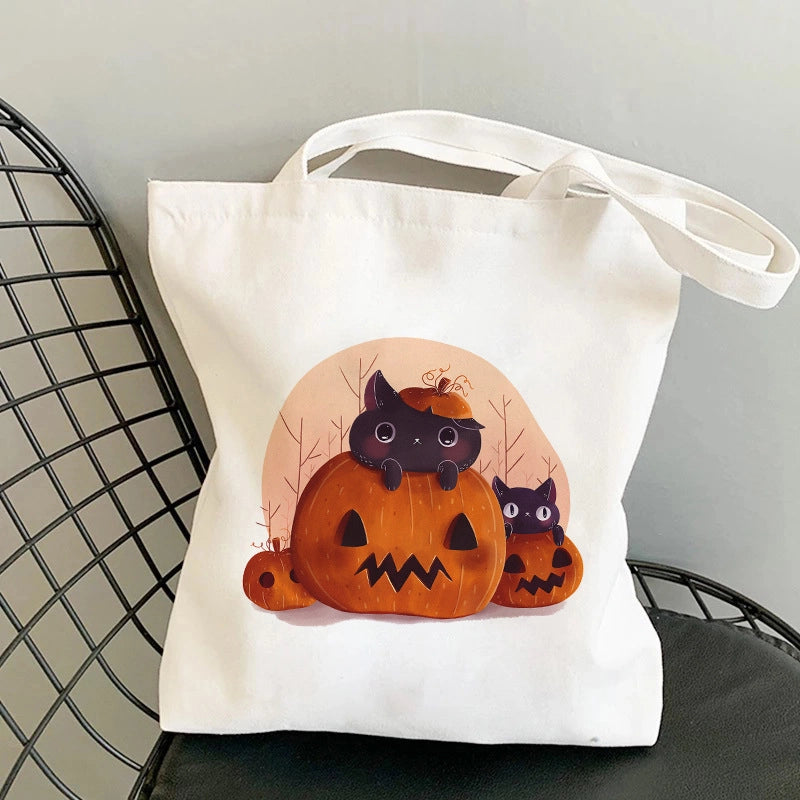 Halloween Unisex Canvas Animal Pumpkin Letter Streetwear Square Open Shoulder Bag Canvas Bag