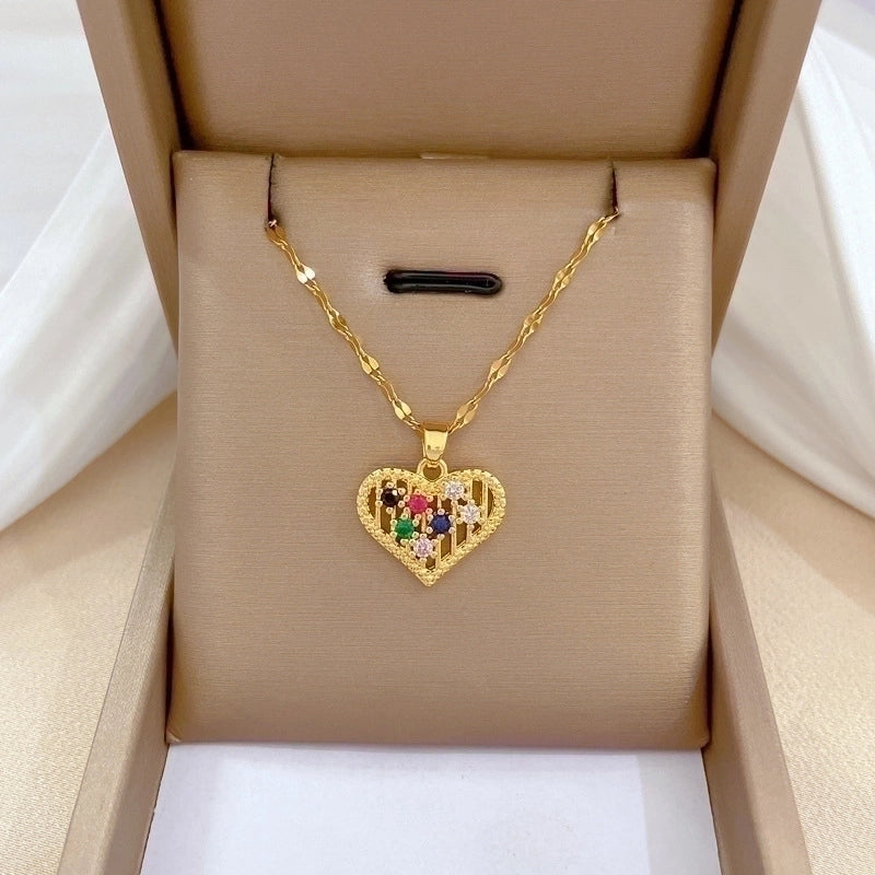 2 Pieces Minimalist Classic Style Geometric Heart Shape Titanium Steel Copper Zircon Pendant Necklace In Bulk