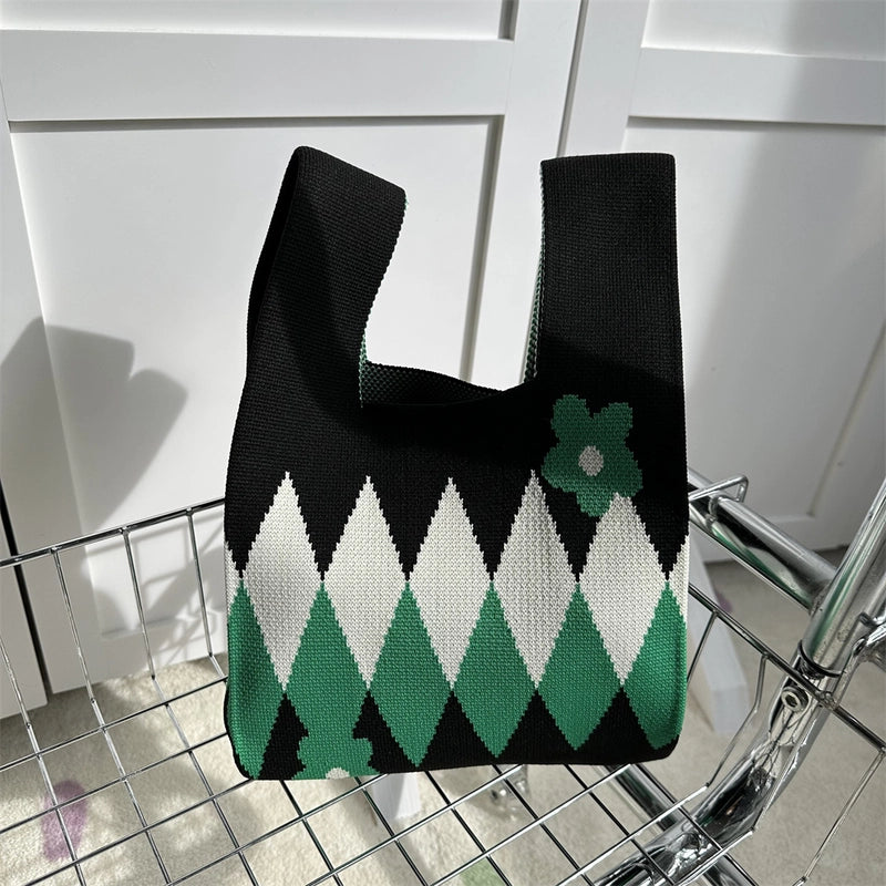 Women's Small Knit Printing Lattice Flower Elegant Classic Style Square Open Handbag