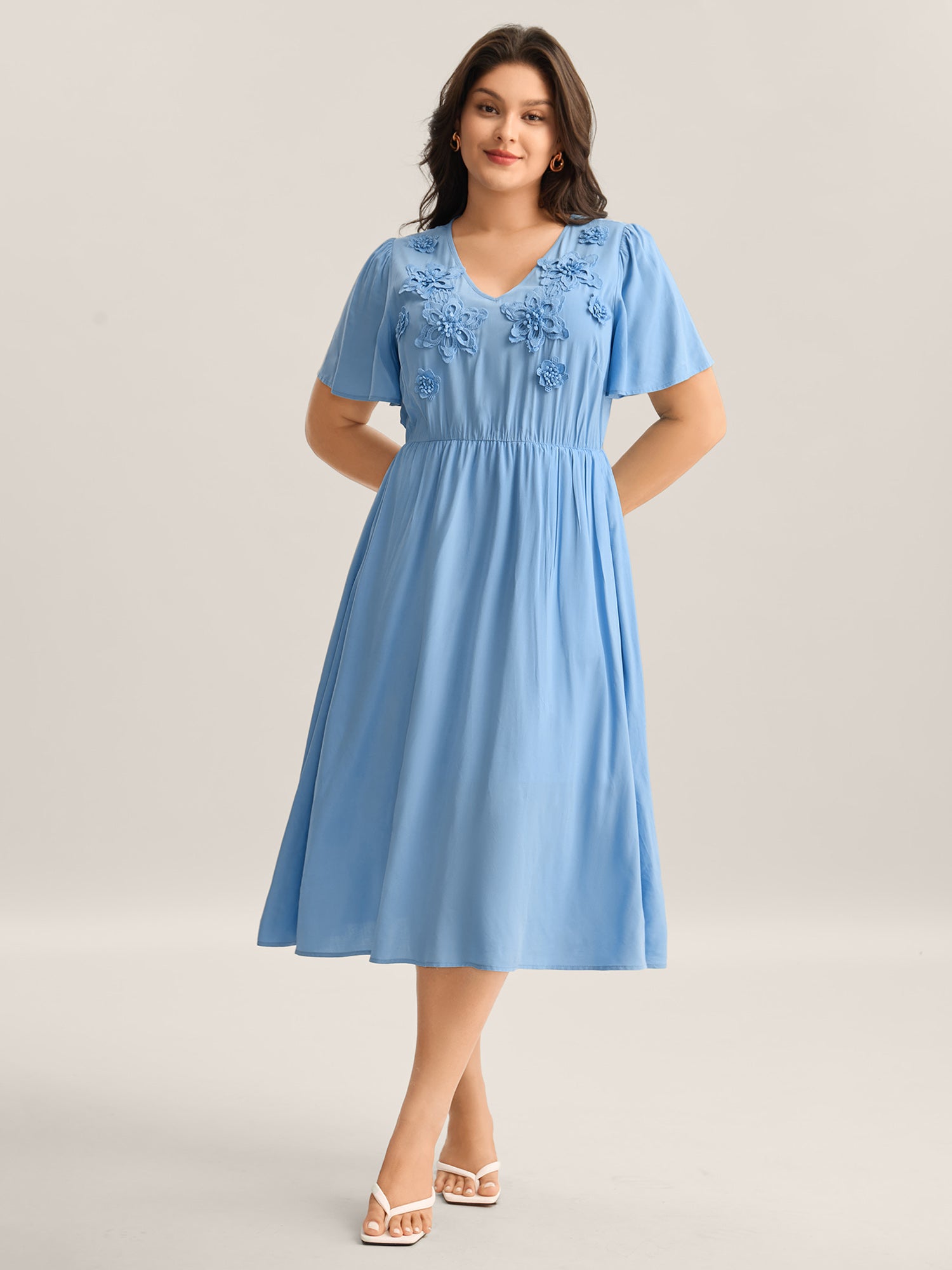 Rayon Floral Detail Cinched-Waist Midi Dress