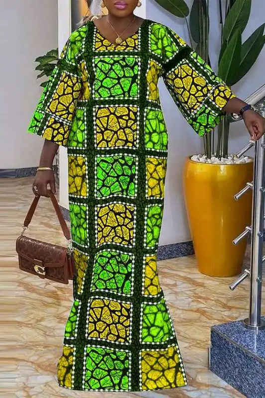 Vintage Plus Size V Neck Flare Sleeve Casual Printed Maxi Dress