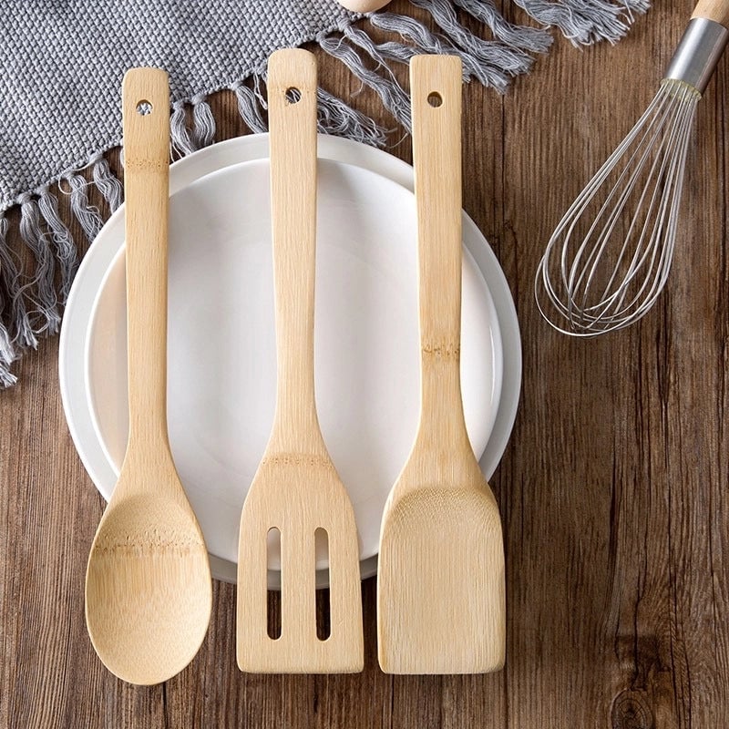 Long Handle Bamboo Spatula Bamboo Cooking Kitchenware Bamboo Spoon Kitchen Frying Spatula High Temperature Resistant Bamboo Colander Non-stick Spatula Set