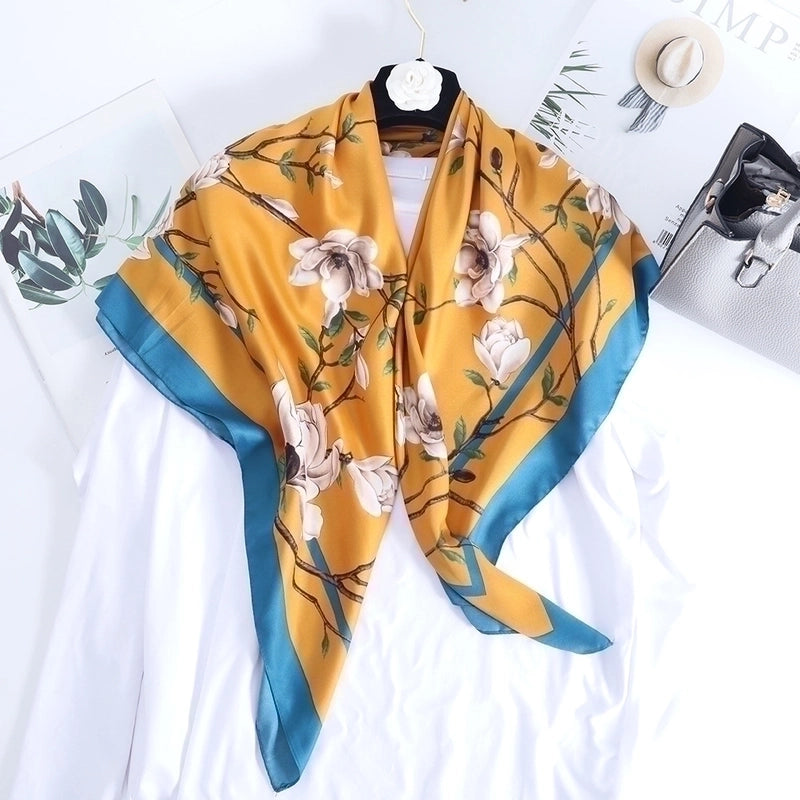Women's Basic Minimalist Color Block Flower Satin Silk Scarf