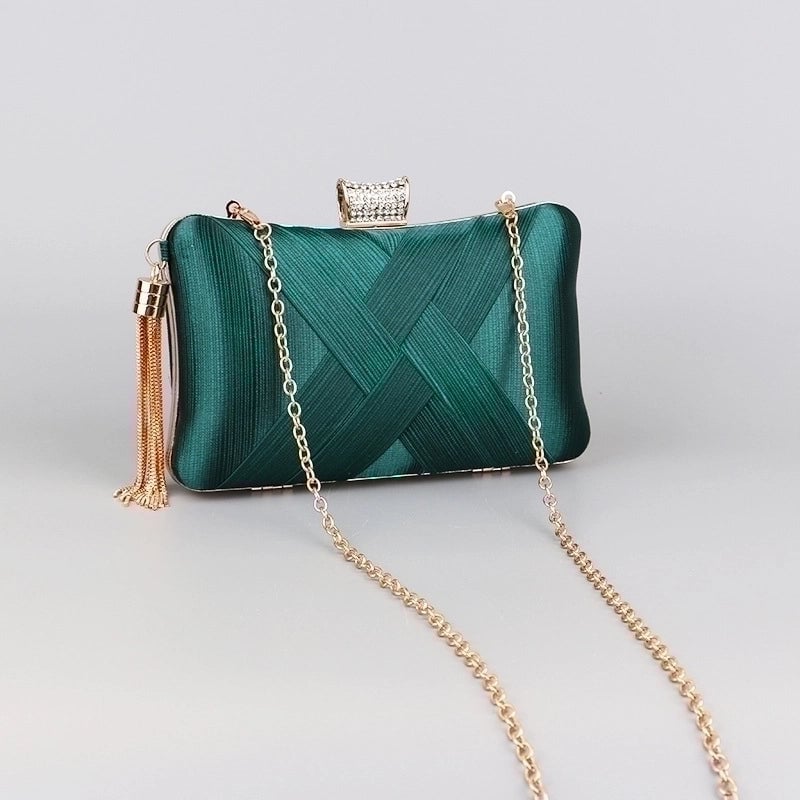 Green Black Gold Polyester Satin Solid Color Rhinestone Pillow Shape Evening Bags