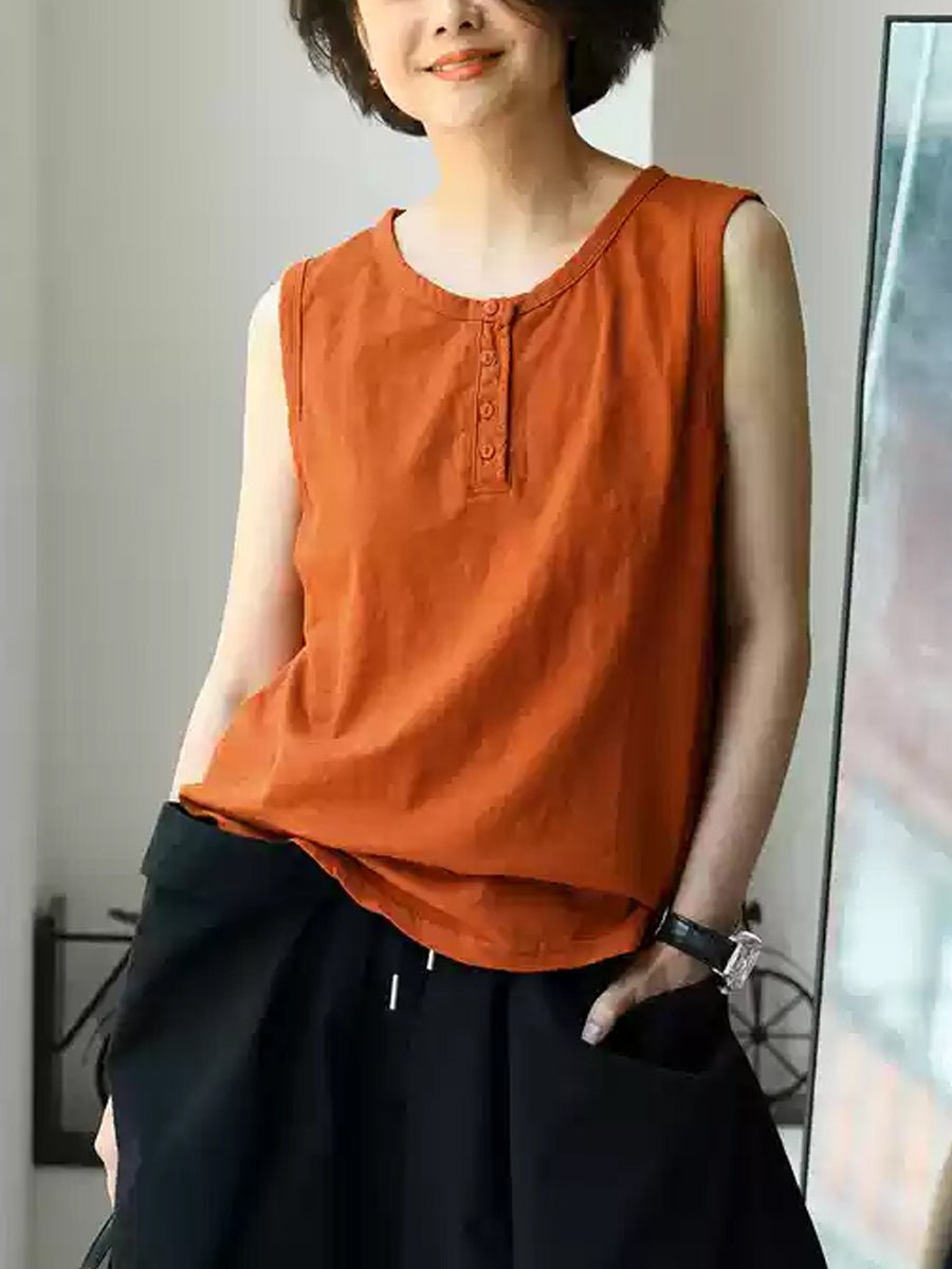 Women Summer Pure Color O-Neck 100%Cotton Vest