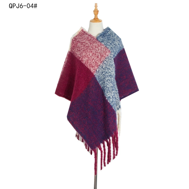 Hot Style New Autumn And Winter Women's Shawl Thick Tassel Loop Yarn Large Plaid Cloak