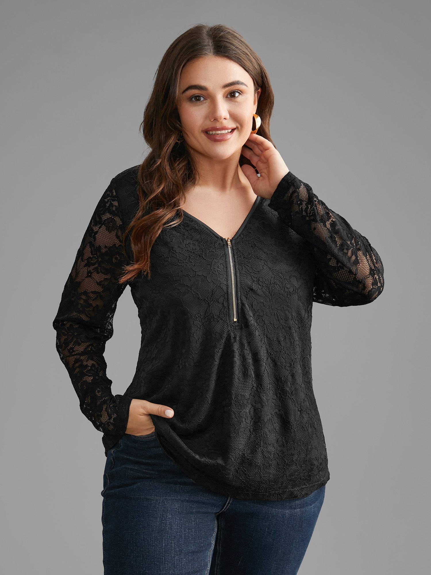 Lace Patchwork Half Zip Jersey Top