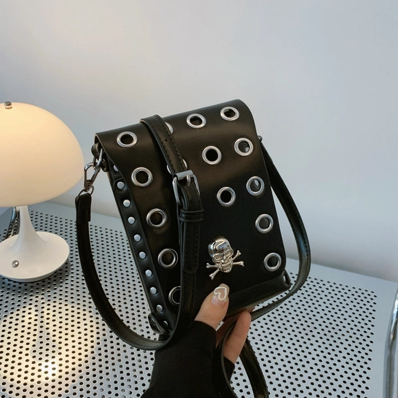 Crossbody Bag Style Punk Flap Small Square Bag Dark Style Skull Belt Waist Bag