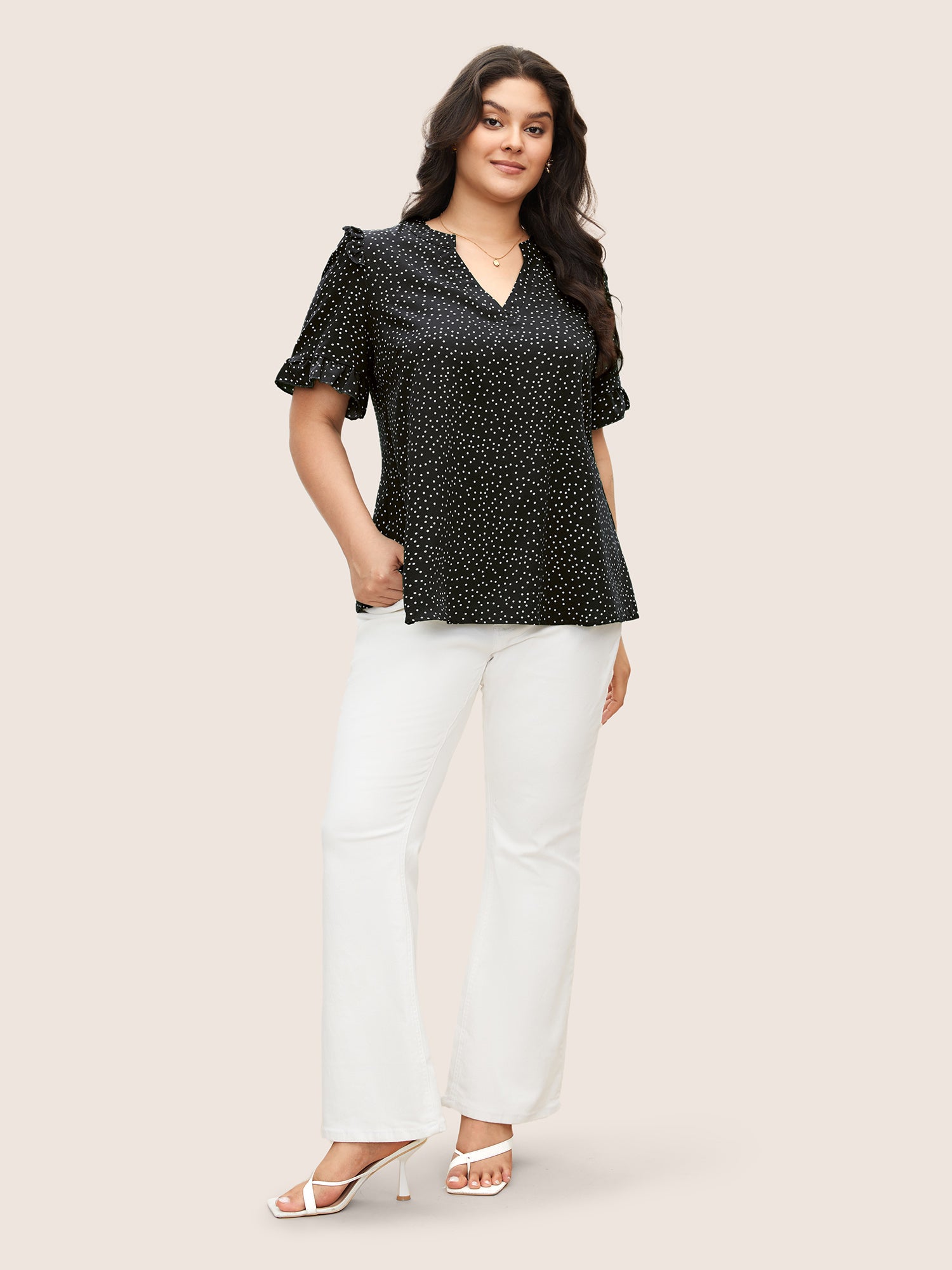 Polka Dot V Neck Ruffle Trim Blouse