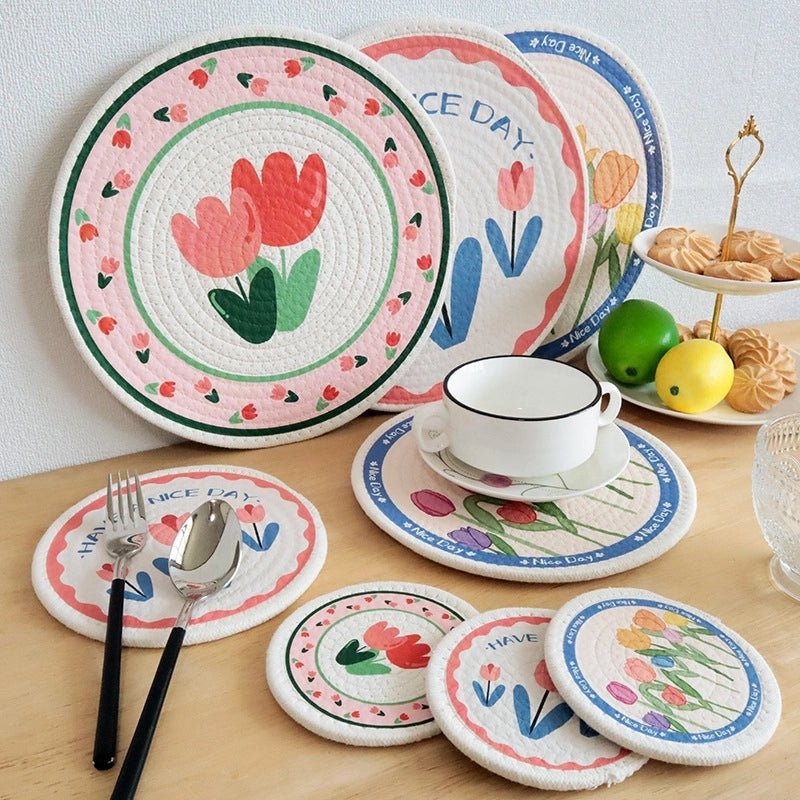 Sweet Place Mat Tulip Printed Cotton Rope Woven Table Top Mat Heat Insulation Mat Coaster
