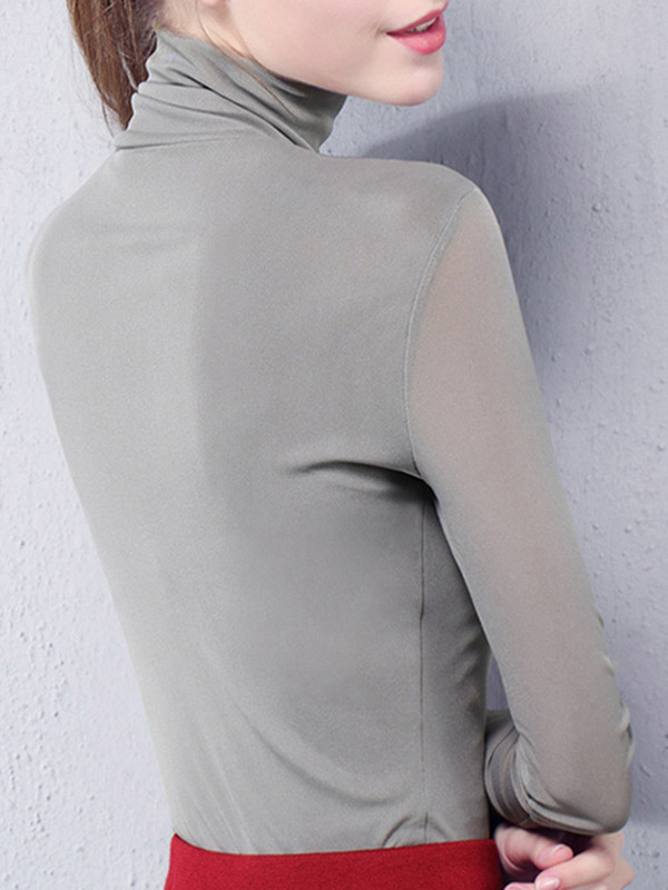 Long Sleeves Plus Size Solid Color Split-Joint High Neck T-Shirts