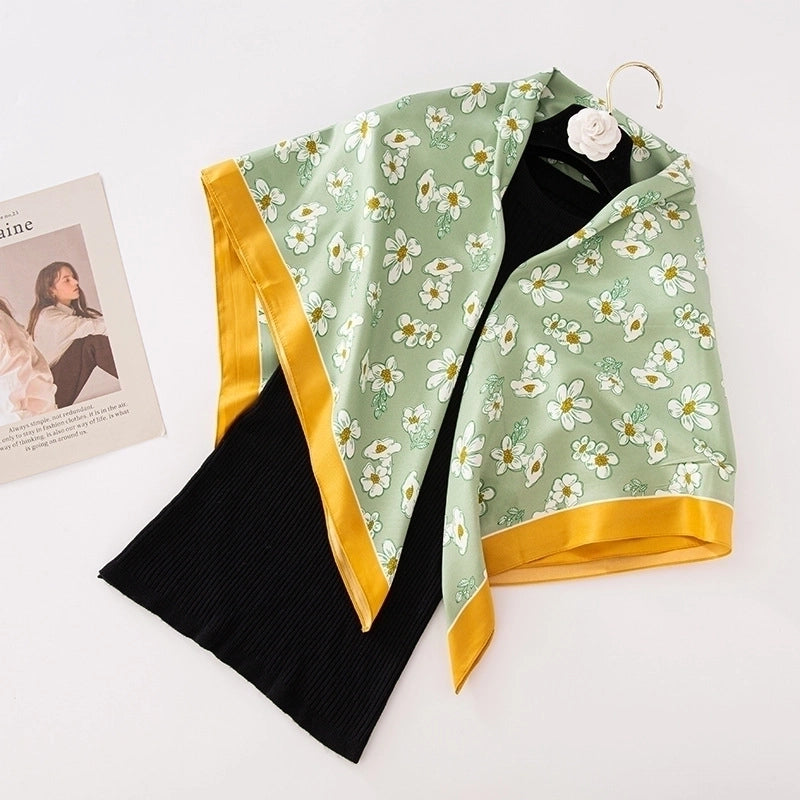 Women's Basic Minimalist Color Block Flower Satin Silk Scarf