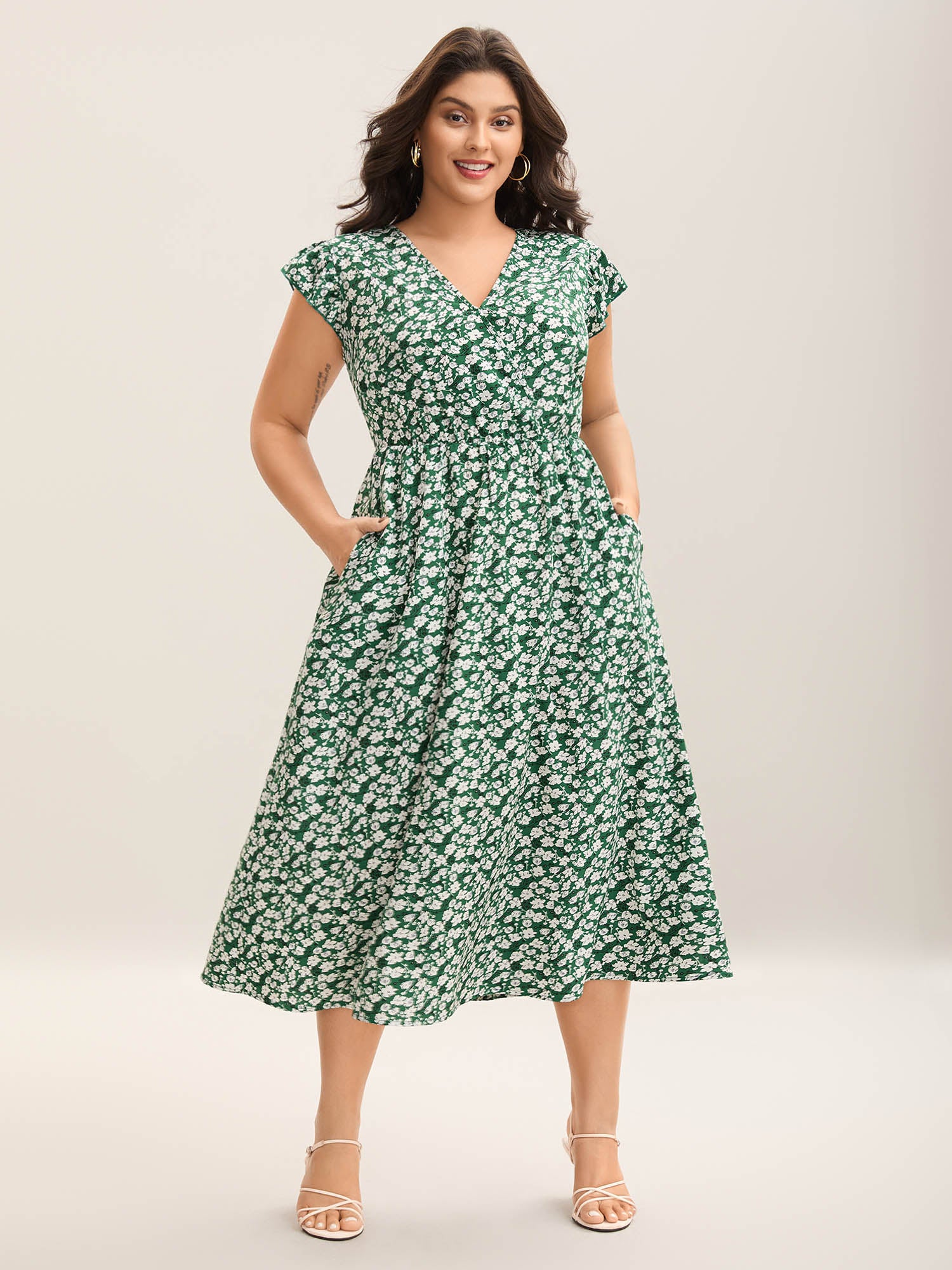 Breezy Floral Print Flutter Sleeve Midi Dress