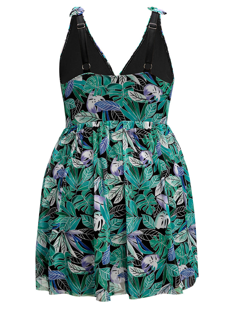 Tropical Print Bow Sculpt Waist Split Swim Dress