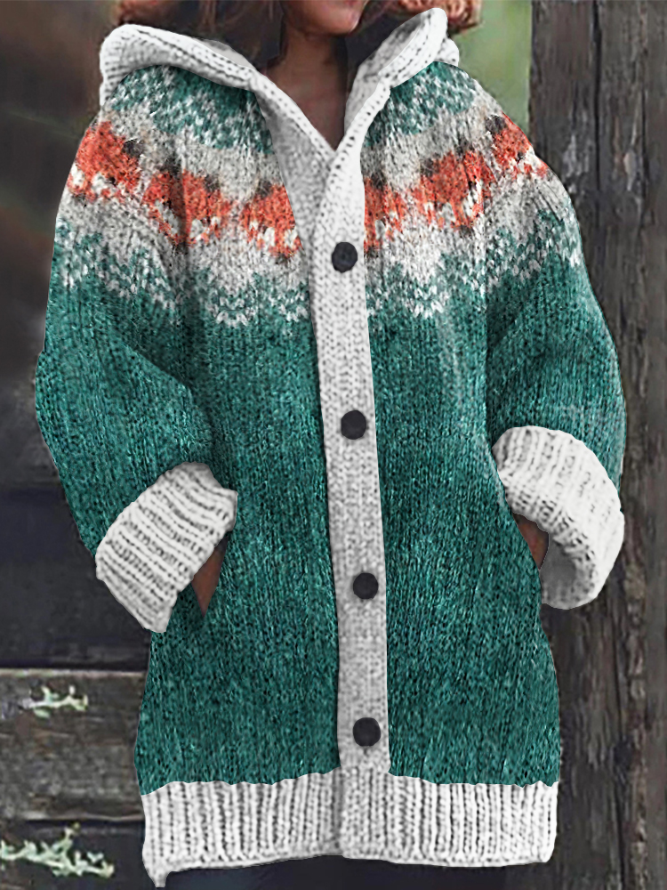 Retro Forest Fox Pattern Contrast Color Sweater Cardigan