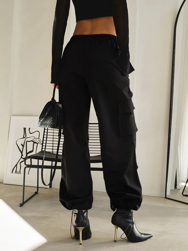 High Waisted Loose Drawstring Elasticity Pockets Split-Joint Pants Trousers