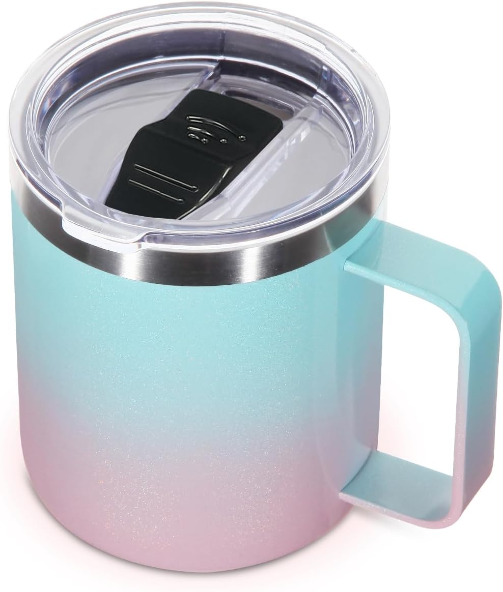 Volhoply 14oz Insulated Stainless Steel Coffee Mug with Leakproof Lid,Double Wall Vacuum Travel Coffee Cup with Handle,Reusable Metal Tumbler,Camping Mugs Keep Hot/Cold,Christmas Gifts(Black,1
