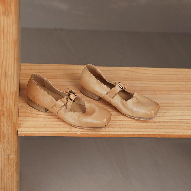 Elegant Square-Toe Horse Leather Mary Jane Shoes with Block Low Heel Buckle Apricot/Black/Brown