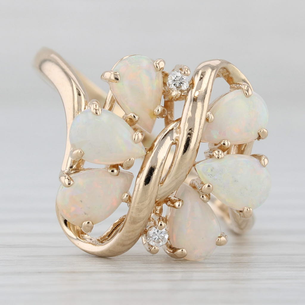 Opal Diamond Cluster Ring 14k Yellow Gold Size 10 Pear Cabochons