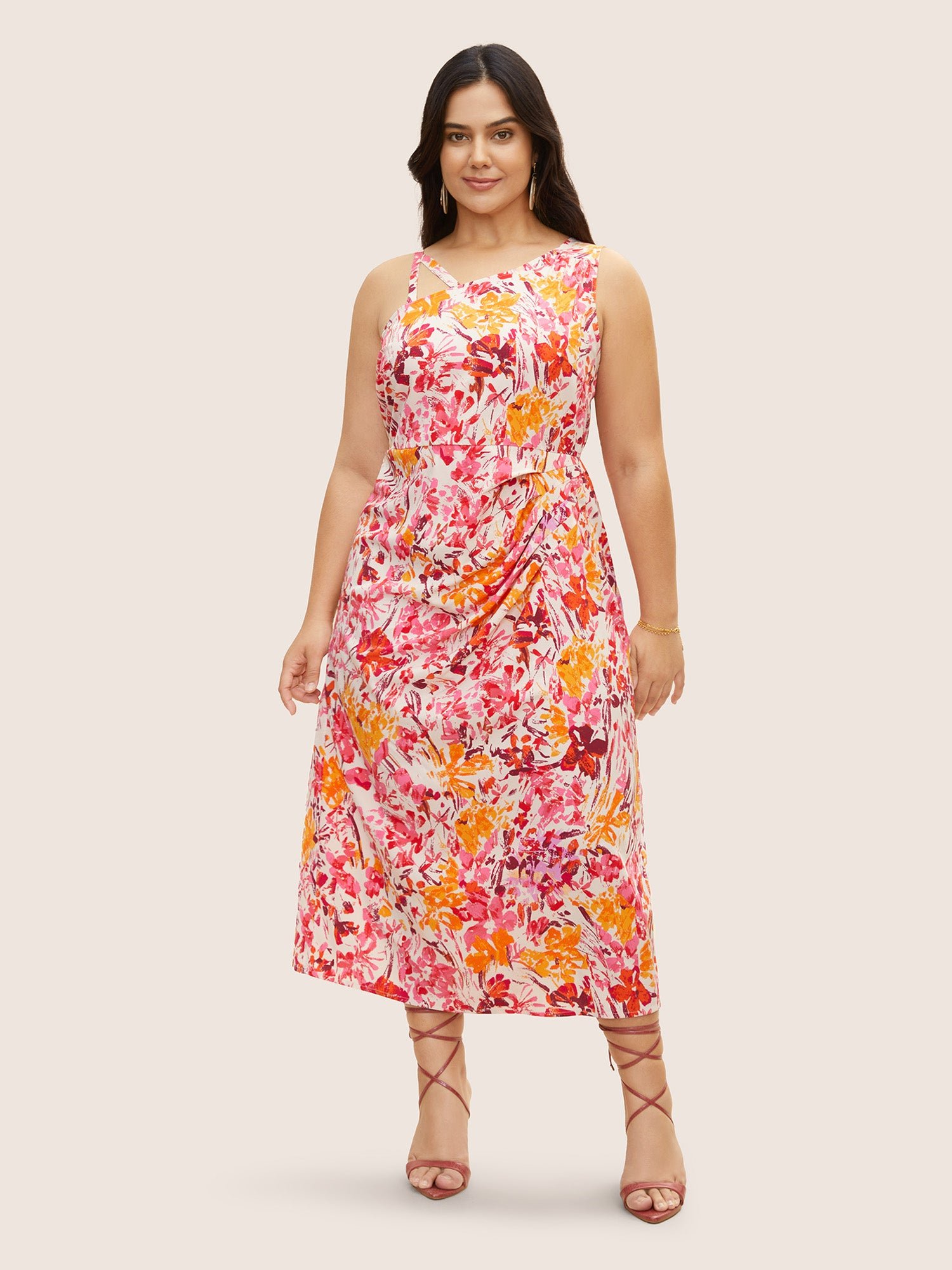 Asymmetrical Neck Watercolor Floral Pleated Dress