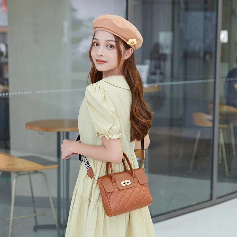 Women's Small Pu Leather Solid Color Classic Style Square Lock Clasp Handbag
