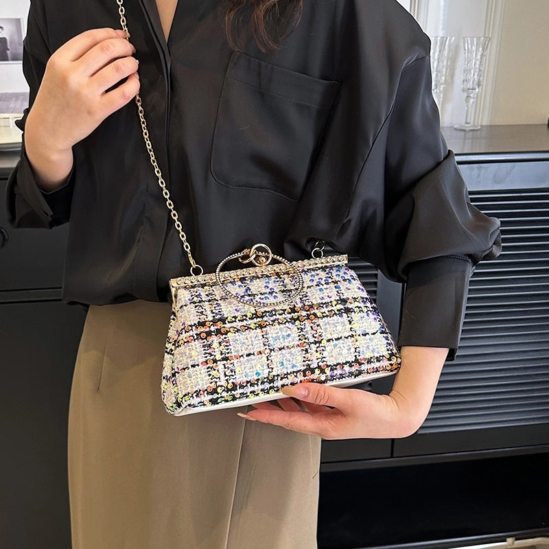 White Pink Blue Woven Fabric Solid Color Shell Sequins Evening Bags