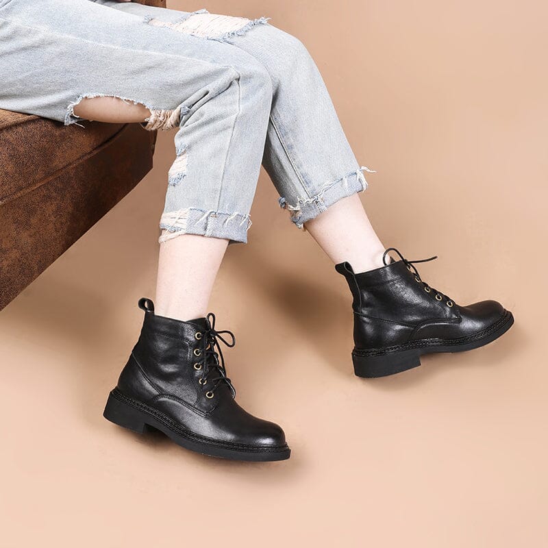 Retro Martin Boots Brush-Off Leather Round Toe Low Heel Bottine Flat Ankle Boots Black/Coffee