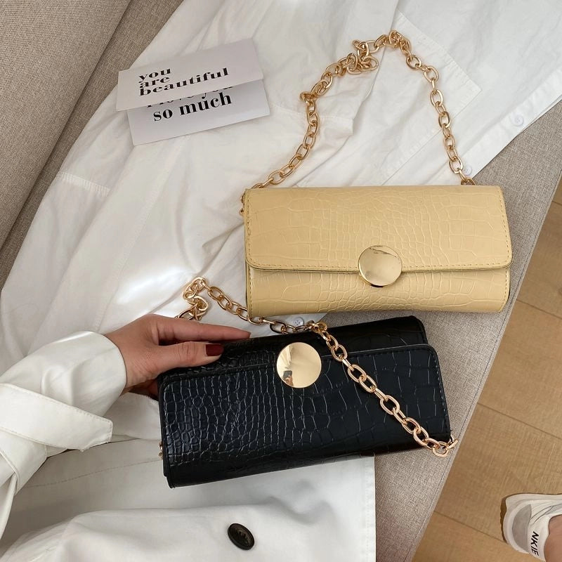 Women's Medium Pu Leather Solid Color Crocodile Elegant Vintage Style Square Flip Cover Baguette Bag