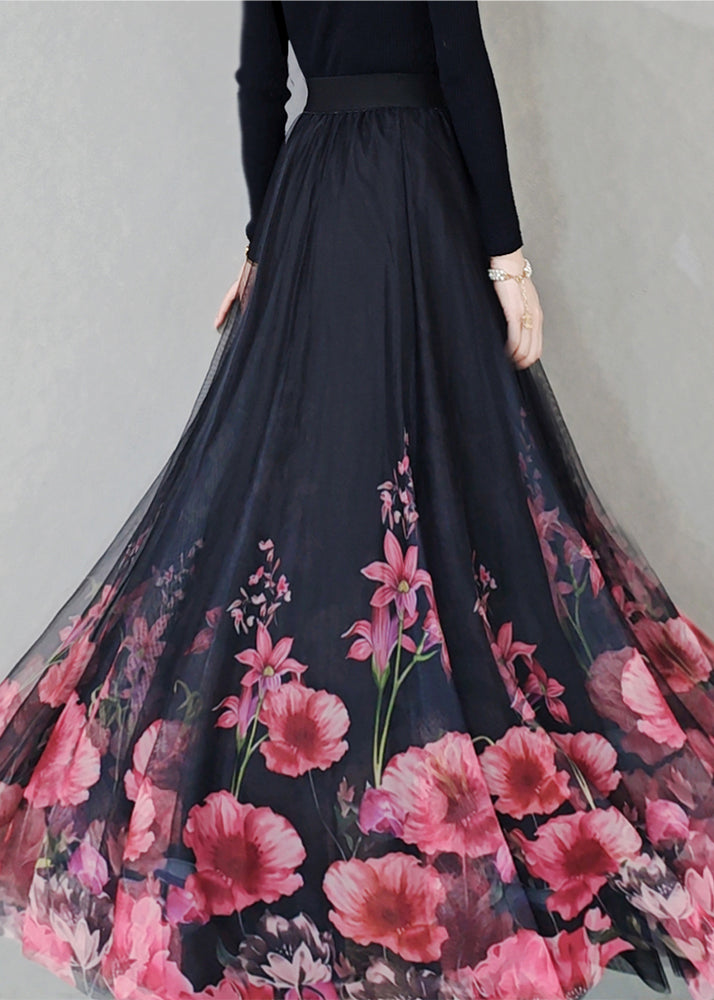 New Black Print High Waist Tulle Skirt Spring