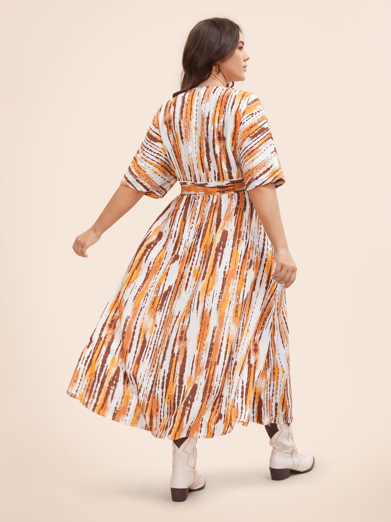 Striped Overlap Collar Shirred Maxi Dress