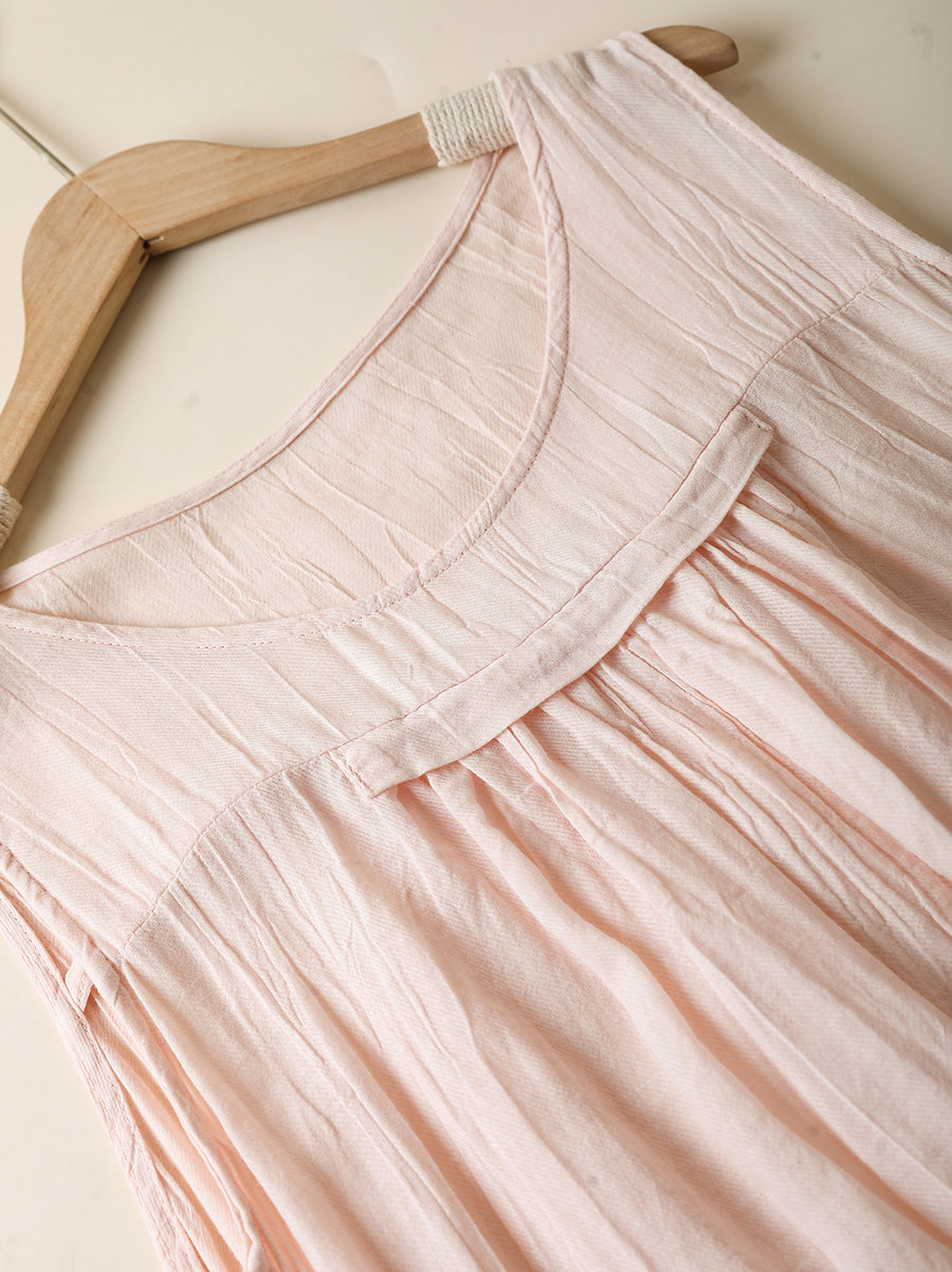 Women Summer Artsy Pure Color O-Neck Ramie Vest Dress