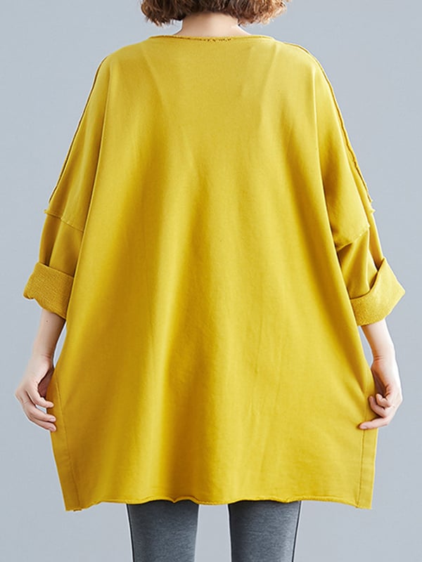 High-Low Long Sleeves Pockets Solid Color Split-Joint Split-Side Round-Neck Sweatshirt Tops