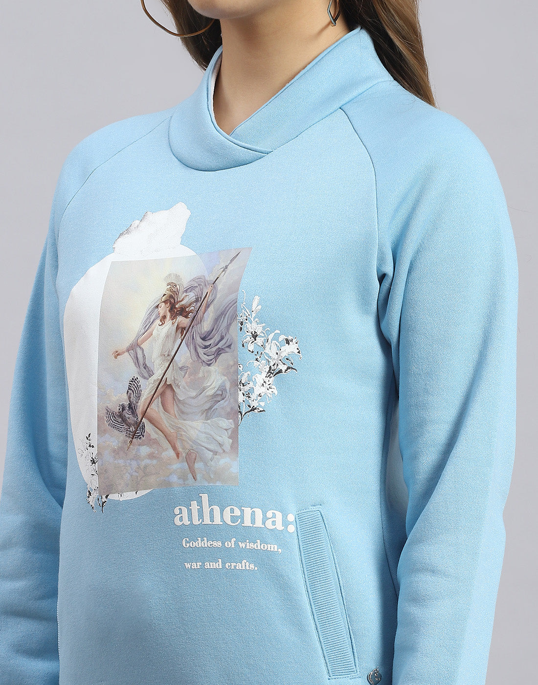 Women Blue Printed H Neck Full Sleeve Sweatshirt