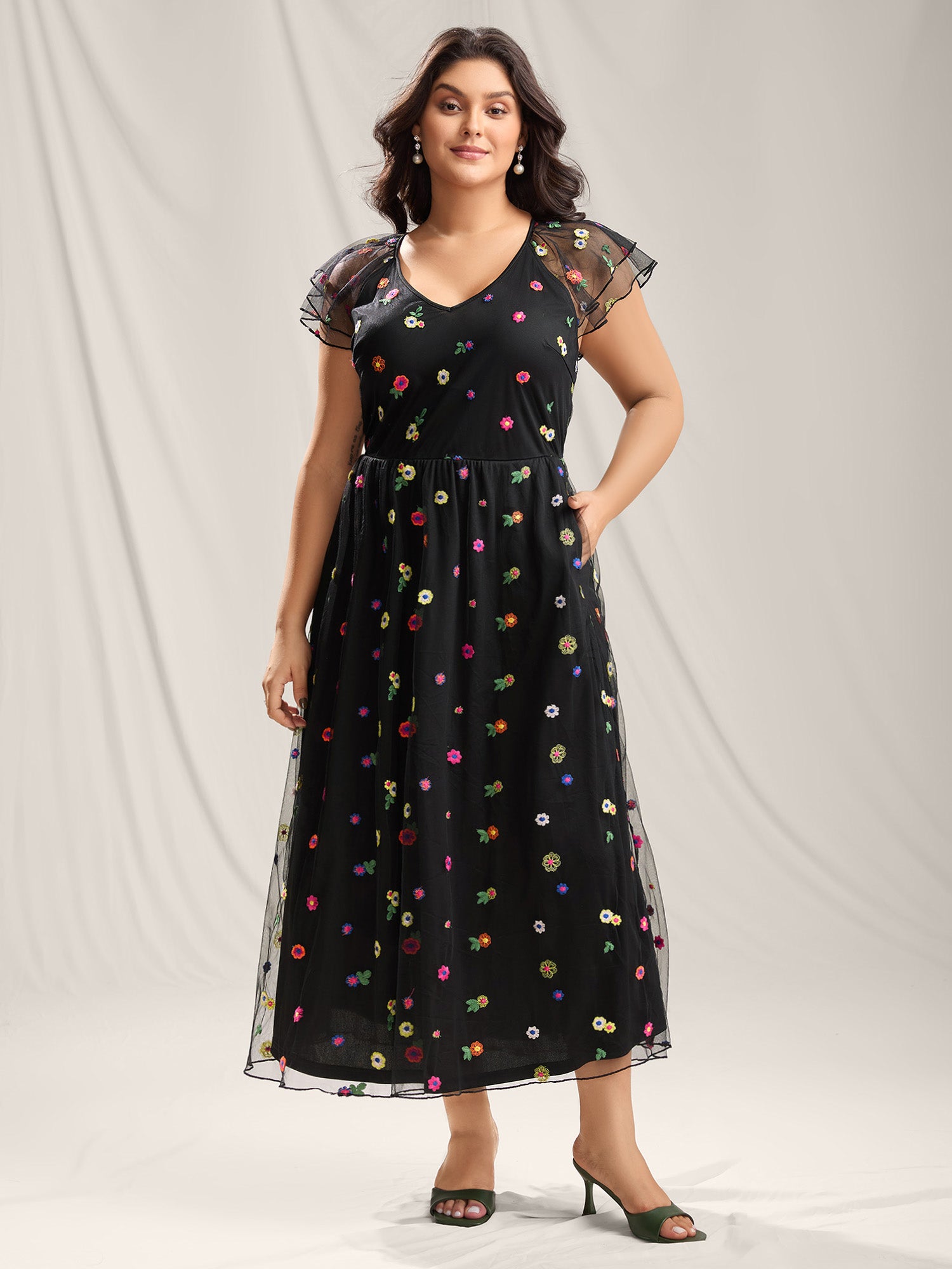 Embroidered Colorful Dots Lined Midi Dress