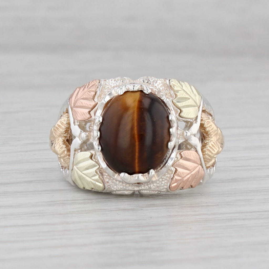Coleman Co Black Hills Gold Tigers Eye Ram Ring Sterling Silver 12k Gold Size 8