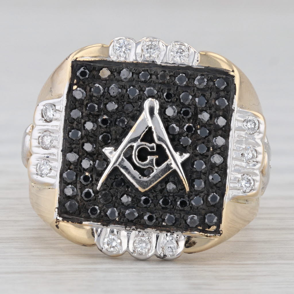 0.62ctw Black White Diamond Masonic Ring 18k Gold Square Compass Blue Lodge