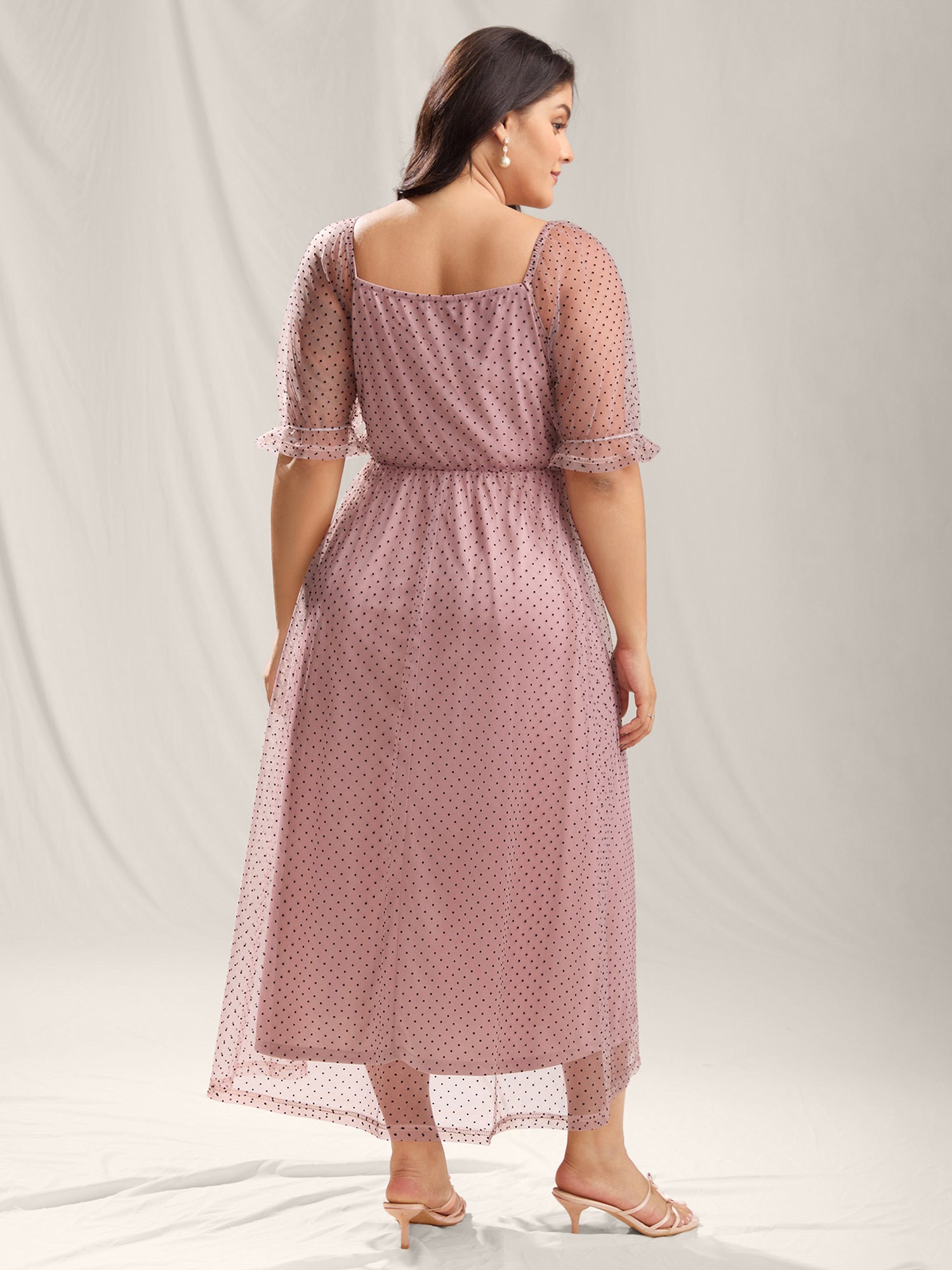 Polka Dot Print Ruched Textured Midi Dress
