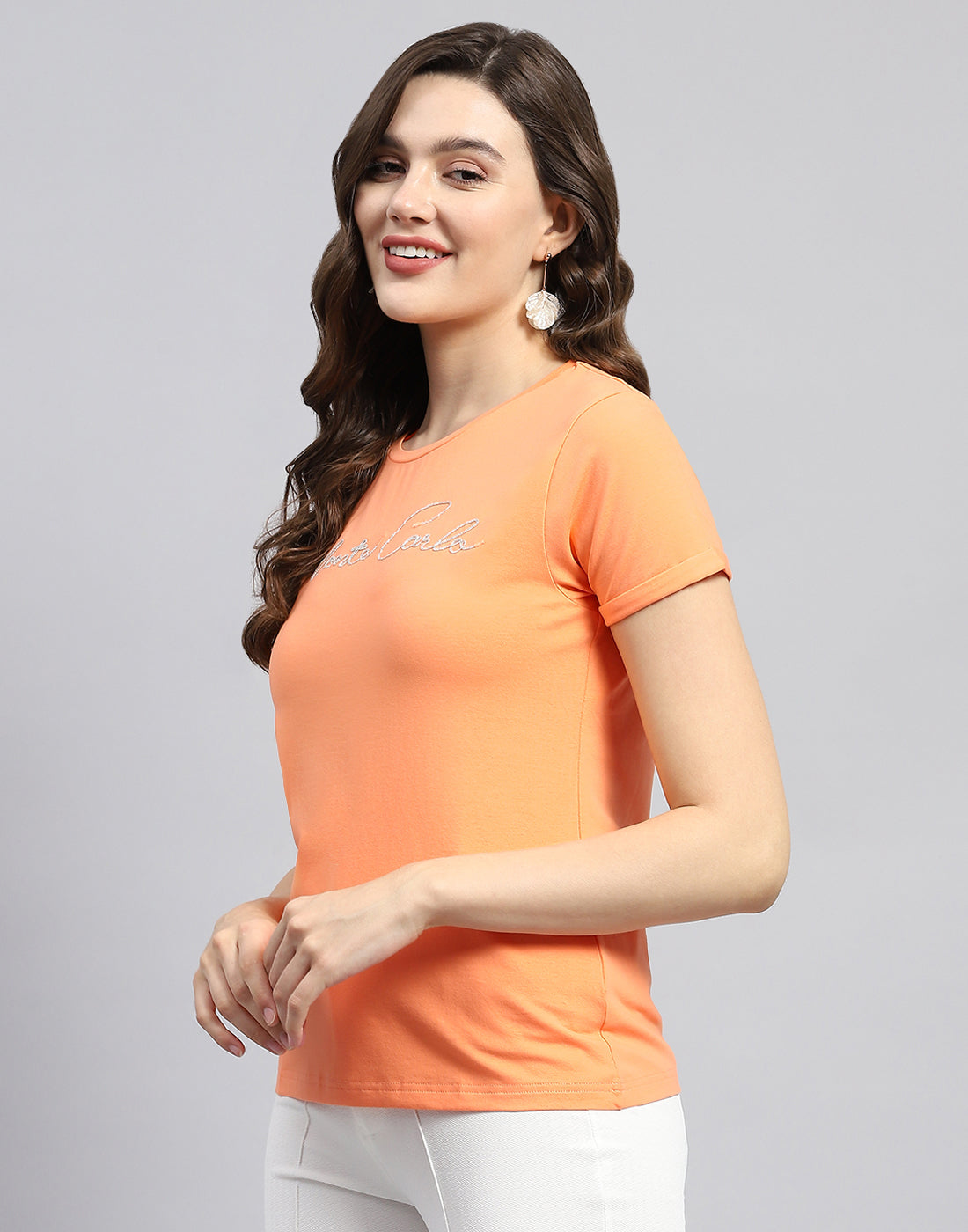 Women Orange Solid Round Neck Half Sleeve Top