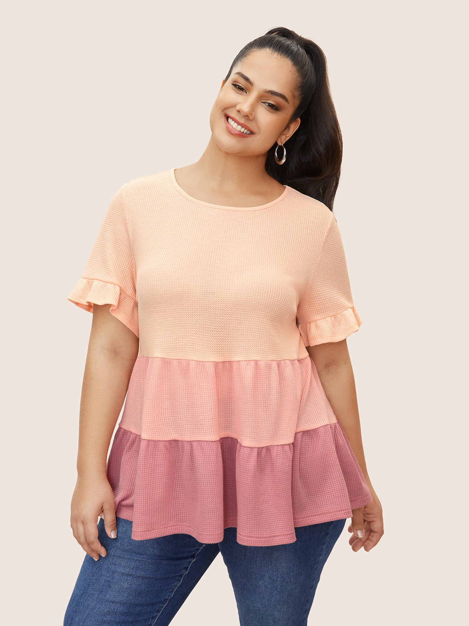 Waffle Knit Contrast Ruffle Layered Hem T-shirt
