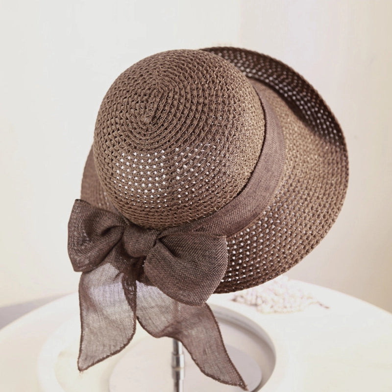 Women's Classic Style Solid Color Bow Knot Big Eaves Straw Hat