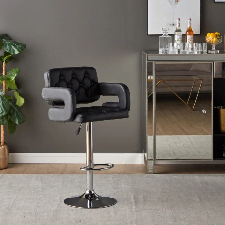 Height Adjustable 44 Tufted Faux Leather Barstool Counter Stool in Black