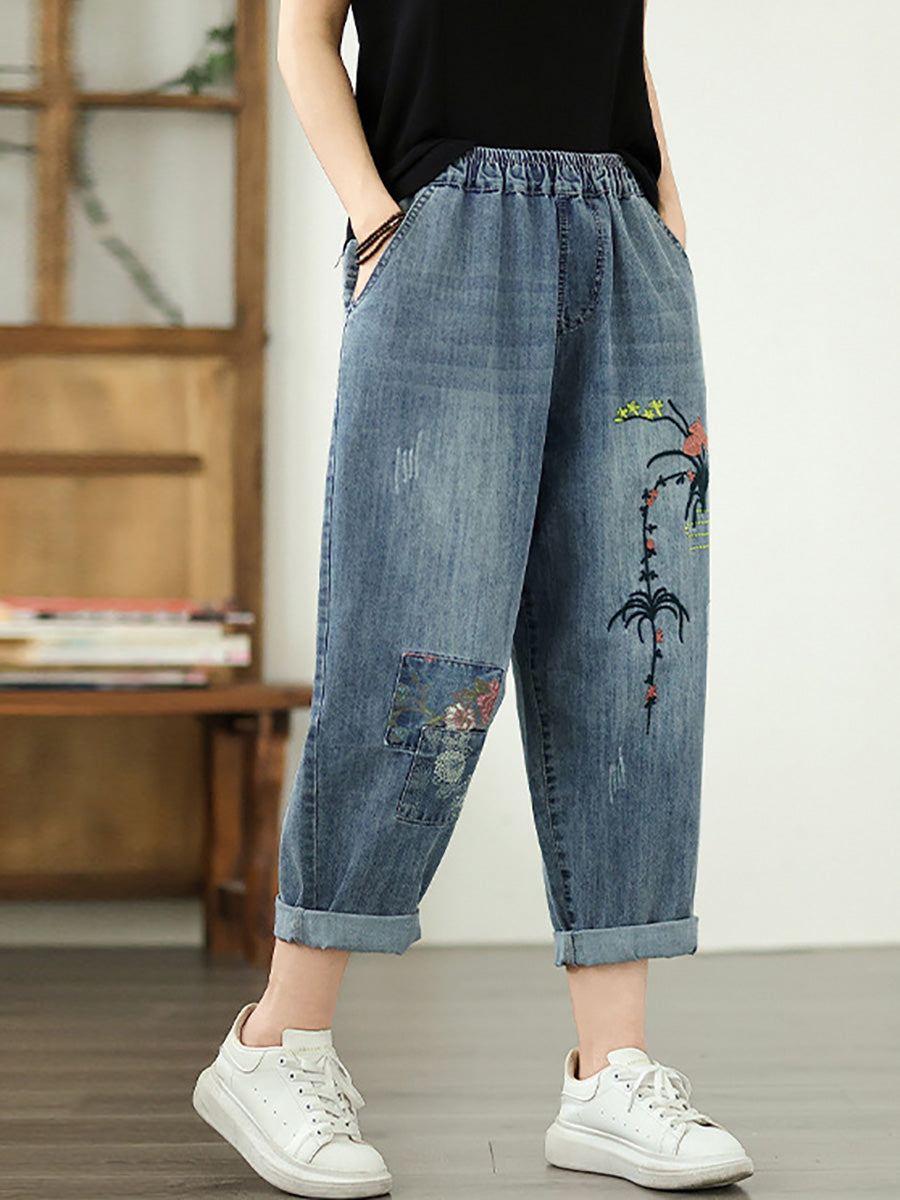 Women Summer Artsy Flower Embroidery Denim Harem Pants