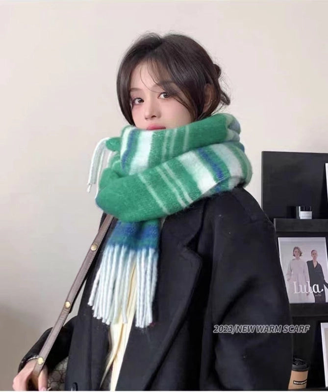 Gradient Horizontal Plaid Couple Scarf Mohair Scarf Winter Warm Thickened Lengthened Trendy White Scarf