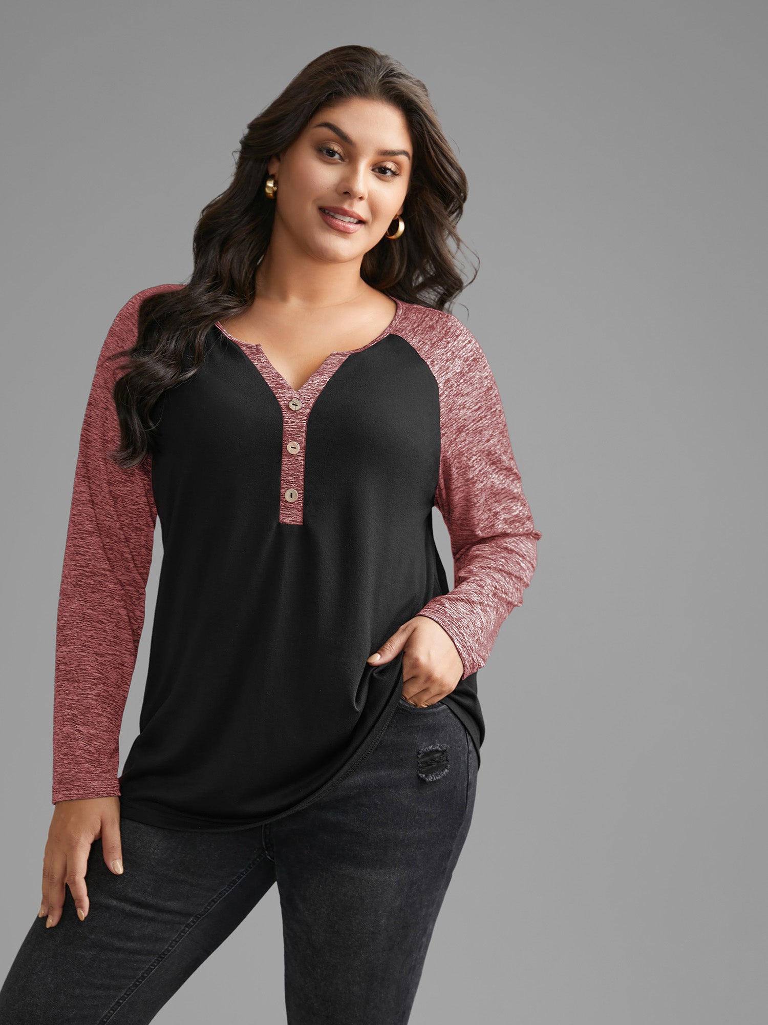 Heather Patchwork Button Detail Stretchy T-Shirt