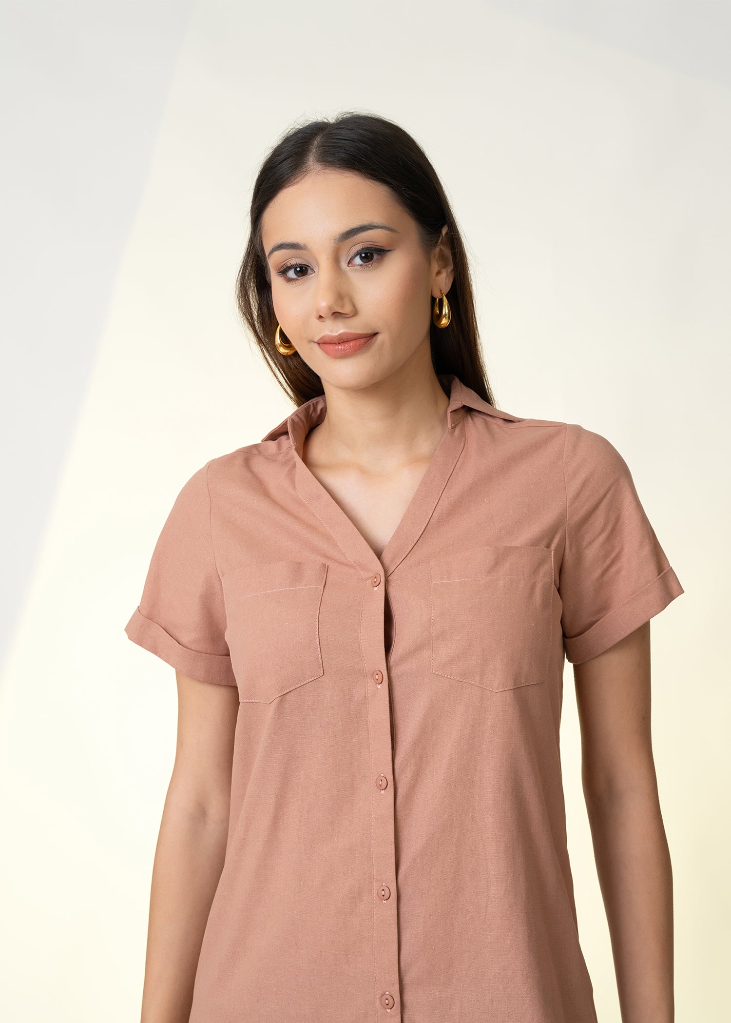 Double Pocket Shirt Dress With Collar