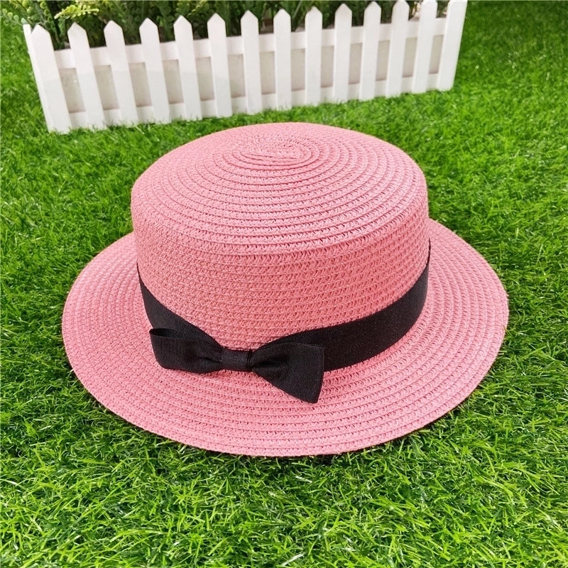 Straw Hat Shading Hat Summer Flat-brimmed Bow Straw Flat Top Hat