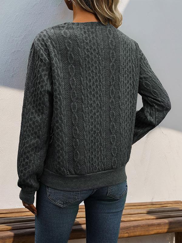Long Sleeves Loose Buttoned Solid Color Split-Joint V-Neck Sweatshirt Tops