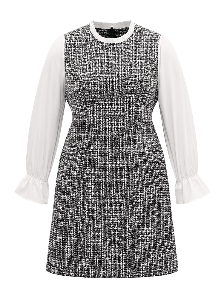 Plaid Patchwork Ruffle Trim Knee Dress